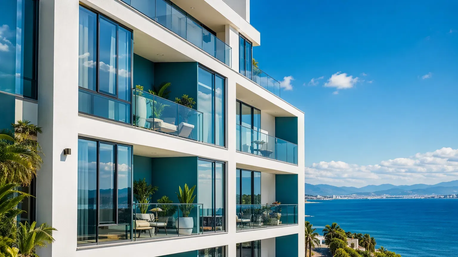 ניקוי חלונות מקצועי - בניין עם חלונות זכוכית ונוף לים